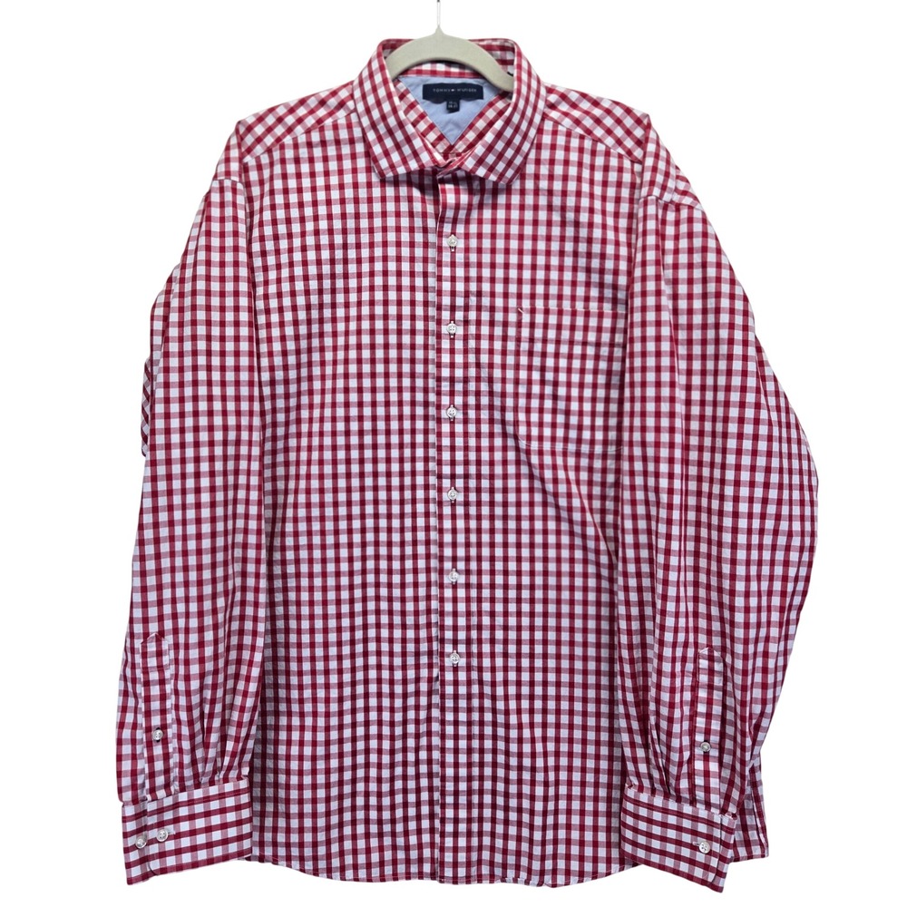 Tommy Hilfiger Mens Red Gingham Button Down Shirt Size 17‎ 1/2 36-77 Cotton XL